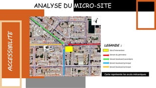ANALYSE DU MICRO-SITE
ACCESSIBILITE
Site d’intervention
Venant du périmètre
Venant boulevard secondaire
Venant boulevard principal
Venant boulevard principal
LEGANDE :
Carte représente les accès mécaniques
 