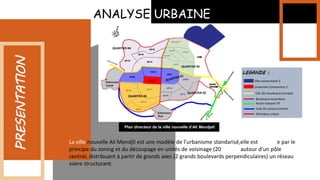 La ville nouvelle Ali Mendjli est une modèle de l’urbanisme standarisé,elle est produite par le
principe du zoning et du découpage en unités de voisinage (20 unités) autour d’un pôle
central; distribuant à partir de grands axes (2 grands boulevards perpendiculaires) un réseau
viaire structurant.
PRESENTATION
ANALYSE URBAINE
Université Constantine 2
CW 101 boulevard principal
Ville universitaire 3
Boulevard secondaire
Route national 79
Périmètre urbain
Voie de contournement
Plan directeur de la ville nouvelle d’Ali Mendjeli
LEGANDE :
QUARTIER 02
QUARTIER 04
QUARTIER 03
QUARTIER 05
UV 03
 
