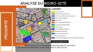 ANALYSE DU MICRO-SITE
PROXIMITE
• A la proximité de notre terrain en trouve plusieurs type d’equipements nécessaires.
• Donc notre terrain s’étale dans un tissu urbain dense et bien structuré.
Site d’intervention
Lycée Bouhali mouhamed said
Centre commercial sans visa et la coupole
Banque national d’Algerie
Stade matico
Ecole primaire Mahfoudi Miloud
Hôtel el Hocine
Ecole primaire Malek Hadded
EPH Dr Abdelkader Bencherif
Mosquée Ahmed Hamani
Centre psychopédagogique des enfants handicapes mentaux
Bureau de poste Ali mendjli
Des habitats collectifs
LEGANDE :
Carte des équipements
 