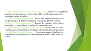 6. La lavande officinale (Lavandula angustifolia Mill) : Connu pour ses propriétés
sédatives, antispasmodiques et antiseptiques. Elle est utilisée pour apaiser les
troubles digestifs et les colites.
7. Le séné (Cassia angustifolia Vahl) : Utilisé pour ses propriétés laxatives et
antispasmodiques. Il traite la constipation et les ulcères gastroduodénaux.
8. L’anis vert (Pimpinella anisum L) : Possède des propriétés antioxydantes,
carminatives et antiémétiques. Il soulage les troubles digestifs.
9. L’armoise blanche (Artemisia herba alba Asso) : Utilisée pour ses vertus
vermifuges, digestives et antispasmodiques. Elle traite les douleurs digestives.
10. La réglisse (Glycyrrhiza glabra L) : Connu pour ses propriétés laxatives,
expectorantes et antiulcéreuses. Il est utilisé comme laxatif et pour traiter les
ulcères.
 