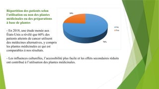 Répartition des patients selon
l’utilisation ou non des plantes
médicinales ou des préparations
à base de plantes
- En 2018, une étude menée aux
États-Unis a révélé que 60% des
patients atteints de cancer utilisent
des médecines alternatives, y compris
les plantes médicinales ce qui est
comparables à nos résultats.
- Les influences culturelles, l’accessibilité plus facile et les effets secondaires réduits
ont contribué à l’utilisation des plantes médicinales.
 