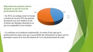 Répartition des patients selon la
demande ou non de l’avis du
professionnel de santé
- En 2014, un sondage mené en Europe
a montré qu’environ 50% des patients
discutaient avec leur médecin avant
d’utiliser des thérapies alternatives ce
qui est comparables à nos résultats.
- La confiance en la médecine traditionnelle, la crainte d’être jugé par le
professionnel de santé, ainsi que l’accessibilité des informations en ligne sont les
principaux causes de la non réévaluation de l’avis du professionnel de santé.
 