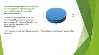 Répartition des patients selon l’utilisation
ou non des plantes médicinales pallier
aux problèmes digestifs engendrés
par les médicaments
- Une étude chinoise menée en 2012 a
montré que 65% des patients atteints de
cancer utilisent les plantes médicinales pour
gérer les effets secondaires de la
chimiothérapie.
- Ces résultats sont attribuée à la perception de l’efficacité et la sécurité envers les approches
naturelles.
 
