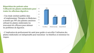 Répartition des patients selon
l’efficacité des plantes médicinales pour
traiter les affections digestives
- Une étude similaire publiée dans
«Complementary Therapies in Medicine»
a montré que 50% des patients cancéreux
utilisant les plantes médicinales les
trouvaient très efficaces pour atténuer
les problèmes de digestion.
- L’implication du professionnel de santé pour guider et surveiller l’utilisation des
plantes médicinales est indispensable pour maximiser les bénéfices et minimiser les
risques.
 
