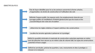 OBJECTIFS DU P.O.S
Fixe de façon détaillée pour le ou les secteurs concernés la forme urbaine,
l'organisation, les droits de construction et l'utilisation des sols
,
Définit la quantité minimale et maximale de construction autorisée exprimée en mètre
carré de plancher hors œuvre ou en mètre cube de volume bâti, les types de constructions
autorisés et leurs usages
,
Détermine les règles relatives à l'aspect extérieur des constructions
,
Délimite l'espace public, les espaces verts, les emplacements réservés aux
ouvrages publics et installations d'intérêt général ainsi que les tracés et les
Caractéristiques des voies de circulation
,
Définit les servitudes, précise les quartiers, rues, monuments et sites à protéger, à
rénover et à restaurer
Localise les terrains agricoles à préserver et à protéger
 