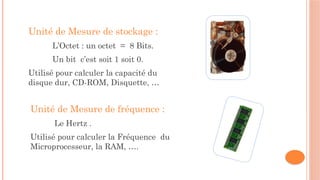 Unité de Mesure de stockage :
L’Octet : un octet = 8 Bits.
Un bit c’est soit 1 soit 0.
Utilisé pour calculer la capacité du
disque dur, CD-ROM, Disquette, …
Unité de Mesure de fréquence :
Le Hertz .
Utilisé pour calculer la Fréquence du
Microprocesseur, la RAM, ….
 