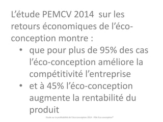 L’étude PEMCV 2014 sur les 
retours économiques de l’éco-conception 
montre : 
• que pour plus de 95% des cas 
l’éco-conception améliore la 
compétitivité l’entreprise 
• et à 45% l’éco-conception 
augmente la rentabilité du 
produit 
Etude sur la profitabilité de l’éco-conception 2014 - Pôle Eco-conception® 
 