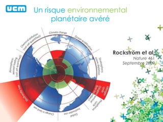 Un risque environnemental 
planétaire avéré 
Rockström et al. 
Nature 461 
Septembre 2009 
 