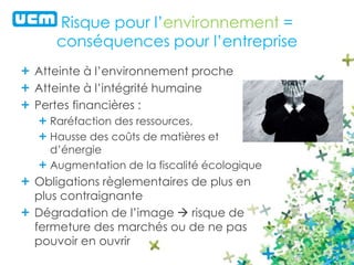 Risque pour l’environnement = 
conséquences pour l’entreprise 
Atteinte à l’environnement proche 
Atteinte à l’intégrité humaine 
Pertes financières : 
Raréfaction des ressources, 
Hausse des coûts de matières et 
d’énergie 
Augmentation de la fiscalité écologique 
Obligations règlementaires de plus en 
plus contraignante 
Dégradation de l’image  risque de 
fermeture des marchés ou de ne pas 
pouvoir en ouvrir 
 