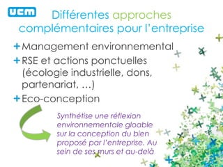 Différentes approches 
complémentaires pour l’entreprise 
Management environnemental 
RSE et actions ponctuelles 
(écologie industrielle, dons, 
partenariat, …) 
Eco-conception 
Synthétise une réflexion 
environnementale gloable 
sur la conception du bien 
proposé par l’entreprise. Au 
sein de ses murs et au-delà 
 