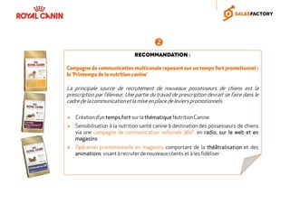 Recommandation :
Campagne de communication multicanale reposant sur un temps fort promotionnel :
le ‘Printemps de la nutrition canine’
La principale source de recrutement de nouveaux possesseurs de chiens est la
prescription par l’éleveur. Une partie du travail de prescription devrait se faire dans le
cadre de la communicationet la mise en place de leviers promotionnels
Créationd’un temps forttemps forttemps forttemps fort sur la thématiquethématiquethématiquethématique Nutrition Canine
Sensibilisation à la nutrition santé canine à destination des possesseurs de chiens
via une campagne de communication nationale 360°, en radio,radio,radio,radio, sursursursur lelelele webwebwebweb etetetet enenenen
magasinsmagasinsmagasinsmagasins
Opération promotionnelle en magasins comportant de la théâtralisationthéâtralisationthéâtralisationthéâtralisation et des
animationsanimationsanimationsanimations visant à recruter de nouveauxclients et à les fidéliser
 