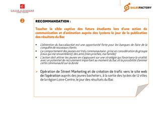 Recommandation :
Toucher la cible captive des futurs étudiants lors d’une action de
communication et d’animation auprès des lycéens le jour de la publication
des résultats du Bac
L’obtention du baccalauréat est une opportunité forte pour les banques de faire de la
conquêtede nouveauxclients.
Le comportement des jeunes est très communautaire : prise en considération du groupe
(ceux qui me ressemblent),des amis (mes proches, ma famille)
L’action doit attirer les jeunes en s’appuyant sur une stratégie qui favorisera la viralité,
avec un potentiel de recrutement important au moment du bac et la possibilité d’animer
cette communautésur la durée
OpérationOpérationOpérationOpération dededede StreetStreetStreetStreet MarketingMarketingMarketingMarketing etetetet dededede créationcréationcréationcréation dededede trafictrafictrafictrafic versversversvers lelelele sitesitesitesite webwebwebweb
dededede l’opérationl’opérationl’opérationl’opération auprès des jeunes bacheliers, à la sortie des lycées de 12 villes
de la région Loire-Centre, le jour des résultats du Bac
 