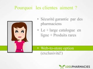 Pourquoi les clientes aiment ?
• Sécurité garantie par des
(exclusivité!)
pharmaciens
• Le + large catalogue en
ligne + Produits rares
• Web-to-store option
 