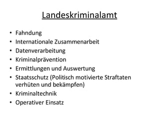 Landeskriminalamt Fahndung Internationale Zusammenarbeit Datenverarbeitung Kriminalprävention Ermittlungen und Auswertung Staatsschutz (Politisch motivierte Straftaten verhüten und bekämpfen)‏ Kriminaltechnik Operativer Einsatz 