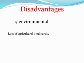 Disadvantages 
1/ environmental 
Loss of agricultural biodiversity 
 