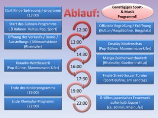 12:30
13:00
14:30
16:00
17:30
19:00
23:00
Offizielle Begrüßung / Eröffnung
(Kultur-/Hauptbühne, Burgplatz)
Finale Street-Soccer Turnier
(Sport-Bühne, am Landtag)
Karaoke-Wettbewerb
(Pop-Bühne, Mannesmann-Ufer)
Manga-Zeichenwettbewerb
(Rheinufer, Goethe-Institut)
Öffnung der Verkaufs-/ Demo-/
Ausstellungs-/ Mitmachstände
(Rheinufer)
Ende des Kinderprogramms
(19:00)
Größtes japanisches Feuerwerk
außerhalb Japans!
(ca. 30 min, Rheinufer)
Start des Bühnen-Programms
( 3 Bühnen: Kultur, Pop, Sport)
Start Kinderbetreuung /-programm
(13:00)
Cosplay-Modenschau
(Pop-Bühne, Mannesmann-Ufer)
Ende Rheinufer-Programm
(22:00)
Ganztägiges Sport-
& Musik
Programm!!
 