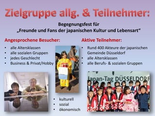 Begegnungsfest für
„Freunde und Fans der japanischen Kultur und Lebensart“
Angesprochene Besucher:
• alle Altersklassen
• alle sozialen Gruppen
• jedes Geschlecht
• Business & Privat/Hobby
Aktive Teilnehmer:
• Rund 400 Akteure der japanischen
Gemeinde Düsseldorf
• alle Altersklassen
• alle Berufs- & sozialen Gruppen
• kulturell
• sozial
• ökonomisch
 