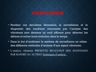 CONCLUSION
• Pendant ces dernières décennies, la surveillance et le
diagnostic des machines tournantes par l’analyse des
vibrations sont devenus un outil efficace pour détecter les
défauts et suivre leurs évolution dans le temps.
• Dans le but d’améliorer le système de surveillance on utilise
des différents méthodes d’analyse d’une signal vibratoire.
• L‘analyse vibratoire PRESENTE BEAUCOUP DES AVANTAGES
PAR RAPORT AU AUTRES Techniques d’analyse .
 