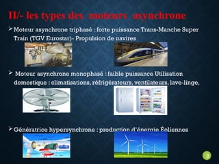 II/- les types des moteurs asynchrone
Moteur asynchrone triphasé : forte puissance Trans-Manche Super
Train (TGV Eurostar)- Propulsion de navires
 Moteur asynchrone monophasé : faible puissance Utilisation
domestique : climatisations, réfrigérateurs, ventilateurs, lave-linge,
Génératrice hypersynchrone : production d’énergie Éoliennes
3
 
