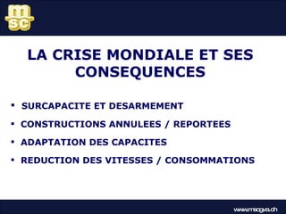 LA CRISE MONDIALE ET SES CONSEQUENCES SURCAPACITE ET DESARMEMENT CONSTRUCTIONS ANNULEES / REPORTEES ADAPTATION DES CAPACITES REDUCTION DES VITESSES / CONSOMMATIONS www.mscgva.ch 