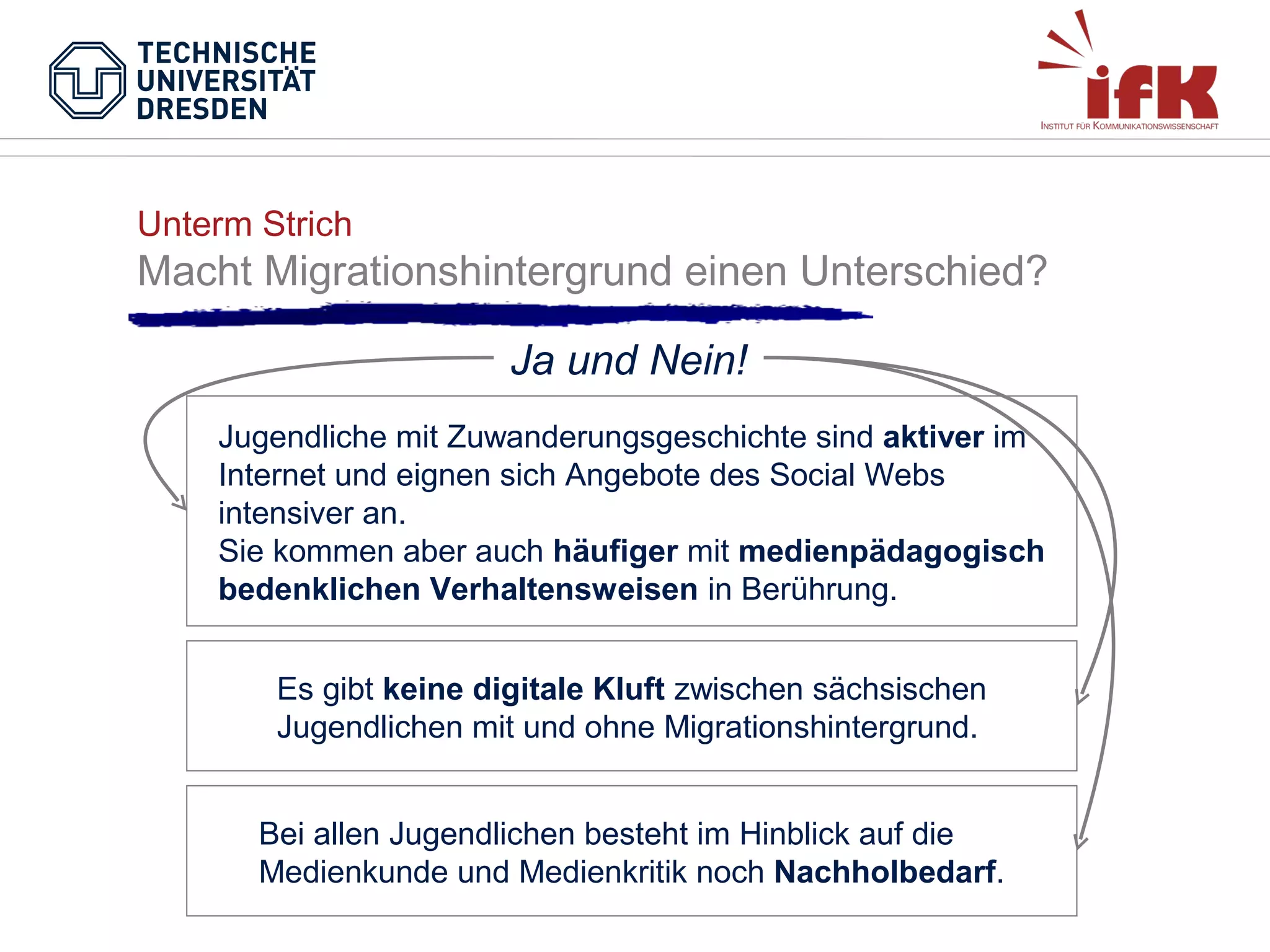 Unterm Strich

Macht Migrationshintergrund einen Unterschied?
Ja und Nein!
Jugendliche mit Zuwanderungsgeschichte sind aktiver im
Internet und eignen sich Angebote des Social Webs
intensiver an.
Sie kommen aber auch häufiger mit medienpädagogisch
bedenklichen Verhaltensweisen in Berührung.
Es gibt keine digitale Kluft zwischen sächsischen
Jugendlichen mit und ohne Migrationshintergrund.
Bei allen Jugendlichen besteht im Hinblick auf die
Medienkunde und Medienkritik noch Nachholbedarf.

 