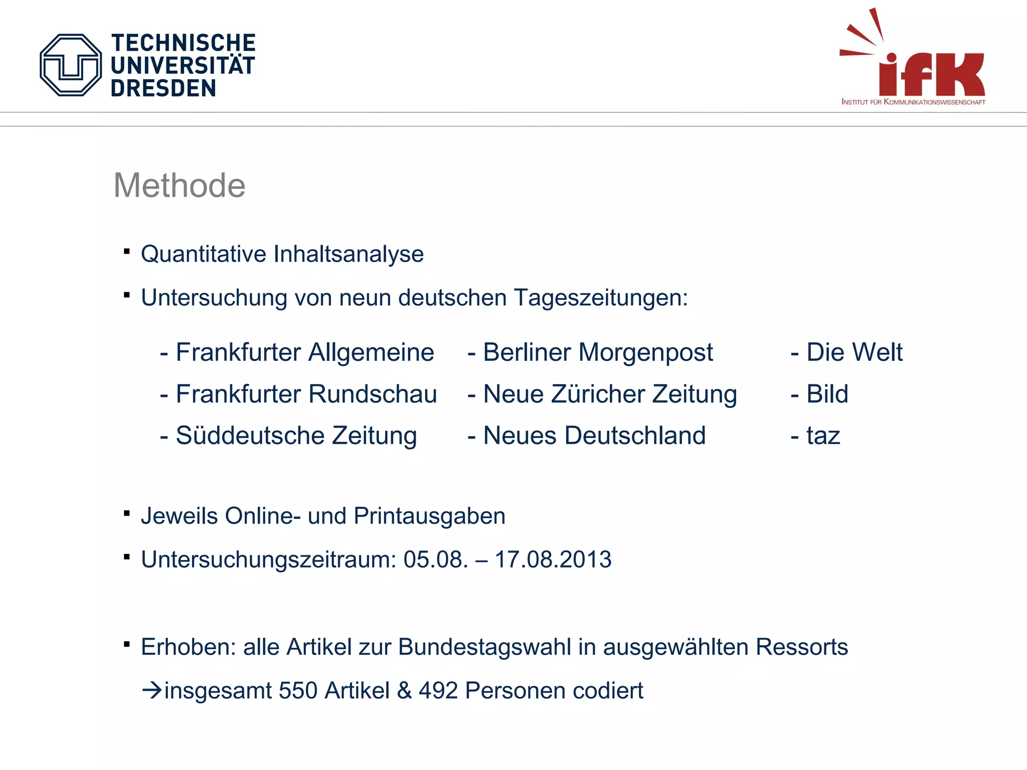 Methode


Quantitative Inhaltsanalyse



Untersuchung von neun deutschen Tageszeitungen:

- Frankfurter Allgemeine

- Berliner Morgenpost

- Die Welt

- Frankfurter Rundschau

- Neue Züricher Zeitung

- Bild

- Süddeutsche Zeitung

- Neues Deutschland

- taz



Jeweils Online- und Printausgaben



Untersuchungszeitraum: 05.08. – 17.08.2013



Erhoben: alle Artikel zur Bundestagswahl in ausgewählten Ressorts
insgesamt 550 Artikel & 492 Personen codiert

 