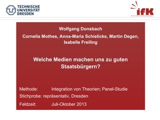 Wolfgang Donsbach
Cornelia Mothes, Anna-Maria Schielicke, Martin Degen,
Isabelle Freiling

Welche Medien machen uns zu guten
Staatsbürgern?

Methode:

Integration von Theorien; Panel-Studie

Stichprobe: repräsentativ, Dresden
Feldzeit:

Juli-Oktober 2013

 