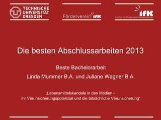Die besten Abschlussarbeiten 2013
Beste Bachelorarbeit
Linda Mummer B.A. und Juliane Wagner B.A.
„Lebensmittelskandale in den Medien ihr Verunsicherungspotenzial und die tatsächliche Verunsicherung“

 