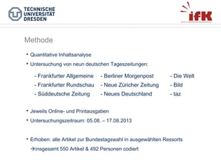 Methode


Quantitative Inhaltsanalyse



Untersuchung von neun deutschen Tageszeitungen:

- Frankfurter Allgemeine

- Berliner Morgenpost

- Die Welt

- Frankfurter Rundschau

- Neue Züricher Zeitung

- Bild

- Süddeutsche Zeitung

- Neues Deutschland

- taz



Jeweils Online- und Printausgaben



Untersuchungszeitraum: 05.08. – 17.08.2013



Erhoben: alle Artikel zur Bundestagswahl in ausgewählten Ressorts
insgesamt 550 Artikel & 492 Personen codiert

 
