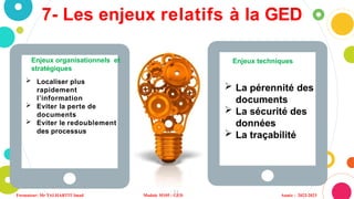 7- Les enjeux relatifs à la GED
Enjeux organisationnels et
stratégiques
 Localiser plus
rapidement
l’information
 Eviter la perte de
documents
 Eviter le redoublement
des processus
Enjeux techniques
 La pérennité des
documents
 La sécurité des
données
 La traçabilité
11
Formateur: Mr TALHARTIT Imad Module M105 : GED Année : 2022-2023
 