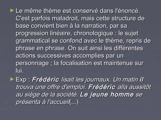 ► Le même thème est conservé dans l'énoncé.
  C'est parfois maladroit, mais cette structure de
  base convient bien à la narration, par sa
  progression linéaire, chronologique : le sujet
  grammatical se confond avec le thème, repris de
  phrase en phrase. On suit ainsi les différentes
  actions successives accomplies par un
  personnage ; la focalisation est maintenue sur
  lui.
► Exp : Frédéric lisait les journaux. Un matin il
  trouva une offre d'emploi. Frédéric alla aussitôt
  au siège de la société. Le jeune homme se
  présenta à l'accueil(...)
 
