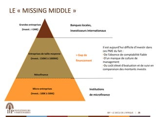 LE « MISSING MIDDLE »
Micro-entreprises
(Invest.: 100€ à 50K€)
Mésofinance
Entreprises de taille moyenne
(Invest.: 150K€ à 1000K€)
Grandes entreprises
(Invest.: >1M€)
Banques locales,
investisseurs internationaux
Institutions
de microfinance
> Gap de
financement
Il est aujourd’hui difficile d’investir dans
ces PME du fait :
•De l’absence de comptabilité fiable
•D’un manque de culture de
management
•Du coût élevé d’évaluation et de suivi en
comparaison des montants investis
I&P – LE SIECLE DE L’AFRIQUE 28
 