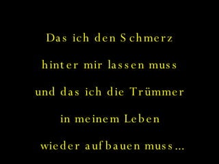 Das ich den Schmerz  hinter mir lassen muss  und das ich die Trümmer  in meinem Leben  wieder aufbauen muss... 