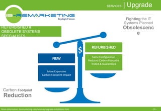 SERVICES | Upgrade 
$ 
SPECIFIC 
PROJECT 
BUDGET 
NEW 
More Expensive 
Carbon Footprint Impact 
REFURBISHED 
Same Configuration 
Reduced Carbon Footprint 
Tested & Guaranteed 
REFURBISHED & 
OBSOLETE SYSTEMS 
SPECIALISTS 
Fighting the IT 
Systems Planned 
Obsolescenc 
e 
Carbon Footprint 
Reduction 
More information: ibremarketing.com/services/upgrade-installation.html - 25 - 
 
