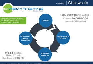COMPANY | What we do 
UNIX ENTERPRISE / WINTEL 
SERVERS, STORAGE & 
ASSOCIATED OPTIONS 
300 000+ parts in stock 
30 years’ experience 
International Sourcing 
SPARE PARTS 
SUPPLY 
RECYCLING 
ASSET 
RECOVERY 
LEASING 
SUPPORT 
SERVICES 
WEEE Certified 
Destruction and 
Data Erasure experts 
More information: ibremarketing.com/company/TPM-maintenance-support-solutions.html - 7 - 
 