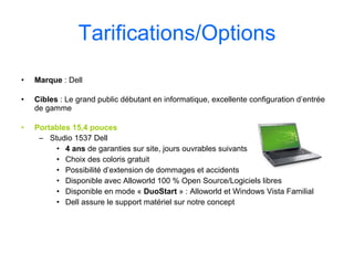 Tarifications/Options Marque  : Dell Cibles  : Le grand public débutant en informatique, excellente configuration d’entrée de gamme Portables 15,4 pouces   Studio 1537 Dell   4 ans  de garanties sur site, jours ouvrables suivants Choix des coloris gratuit Possibilité d’extension de dommages et accidents Disponible avec Alloworld 100 % Open Source/Logiciels libres Disponible en mode «  DuoStart  » : Alloworld et Windows Vista Familial Dell assure le support matériel sur notre concept  