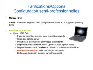 Tarifications/Options Configuration semi-professionnelles Marque  : Dell Cibles  : Particulier exigeant, TPE, configuration robuste et un support à plus long terme Portables 15,4 pouces   Vostro 1510 Dell   5 ans  de garanties sur site, jours ouvrables suivants Choix des coloris gratuit Possibilité d’extension de dommages et accidents Disponible avec Alloworld 100 % Open Source/Logiciels libres Disponible en mode «  DuoStart  » : Alloworld et Windows Vista Pro Assurance en option  : vols, dommages, accidents Dell assure le support matériel sur notre concept  