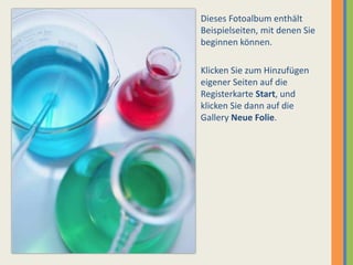 Dieses Fotoalbum enthält Beispielseiten, mit denen Sie beginnen können.Klicken Sie zum Hinzufügen eigener Seiten auf die Registerkarte Start, und klicken Sie dann auf die Gallery Neue Folie.