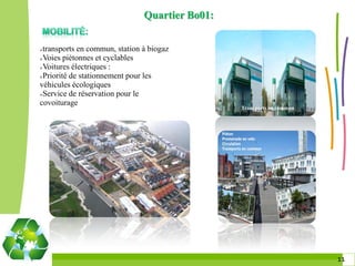 Quartier Bo01:


transports en commun, station à biogaz
Voies piétonnes et cyclables

Voitures électriques :

Priorité de stationnement pour les

véhicules écologiques
Service de réservation pour le

covoiturage
                                                Transports en commun




                                                                       1111
 