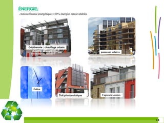 Autosuffisance énergétique :100% énergies renouvelables





      Géothermie : chauffage urbain
        chauffage et production
                                                          panneaux solaires
        d'eau chaude sanitaire




           Éolien

                                Toit photovoltaïque        Capteurs solaires




                                                                               1414
 