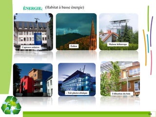 (Habitat à basse énergie)




                                                         Maison héliotrope
Capteurs solaires                    Éolien




                                 - Toit photovoltaïque      Utilisation du bois




                                                                                  1919
 