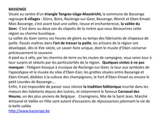 BASSENGE
Située au centre d’un triangle Tongres-Liège-Maastricht, la commune de Bassenge
regroupe 6 villages : Glons, Boirs, Roclenge-sur-Geer, Bassenge, Wonck et Eben-Emael.
Mais Bassenge, c’est avant tout une vallée, rieuse et enchanteresse, la vallée du
Geer. C’est donc au doux son du clapotis de la rivière que vous découvrirez cette
région au charme bucolique.
La vallée du Geer connu ses heures de gloire au temps des fabricants de chapeaux de
paille. Passés maîtres dans l’art de tresser la paille, les artisans de la région ont
développé, dès le XVe siècle, un savoir-faire unique, dont le musée d’Eben conserve
précieusement le souvenir.
A pied ou à vélo, par les chemins de terre ou les routes de campagne, vous serez tour à
tour surpris et séduits par les particularités de la région. Quelques visites à ne pas
manquer : l’élégant kiosque à musique de Roclenge-sur-Geer, la tour aux symboles de
l’apocalypse et le musée du silex d’Eben-Ezer, les grottes situées entre Bassenge et
Eben-Emael, dédiées à la culture des champignons, le Fort d’Eben-Emael ou encore le
petit Lourdes de Bassenge….
Enfin, il est impossible de passer sous silence la tradition folklorique inscrite dans les
moeurs des habitants depuis des lustres, et notamment le fameux Carnaval des
Houres, un des plus anciens de Belgique. Cramignons, fête de la Saint Jean, Marché
Artisanal et Vallée en Fête sont autant d’occasions de réjouissances jalonnant la vie de
la belle vallée.
http://www.bassenge.be
 
