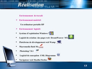 Réalisation
Environnement de travail:
 Environnement matériel:
Un ordinateur portable HP
 Environnement logiciel:
 Système d’exploitation Windows 7
 Logiciel de création des pages web DreamWeaver MX
 Plateforme de développement web Wamp
 Macromedia flash Mx
 Photoshop 7.0.1
 Logiciel de conception UML Diagramme
 Navigateur web Mozilla Firefox
13
 