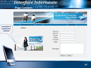 Interface Internaute
Page Contact:
17
Formulaire àFormulaire à
remplir pourremplir pour
contactercontacter
 