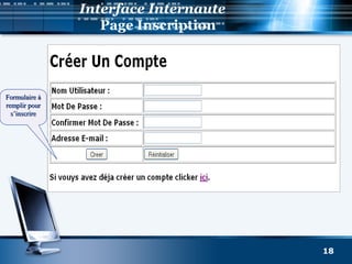 Interface Internaute
Page Inscription
18
Formulaire àFormulaire à
remplir pourremplir pour
s’inscrires’inscrire
 