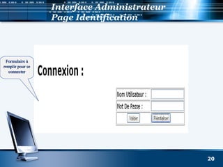 Interface Administrateur
Page Identification
20
Formulaire àFormulaire à
remplir pour seremplir pour se
connecterconnecter
 
