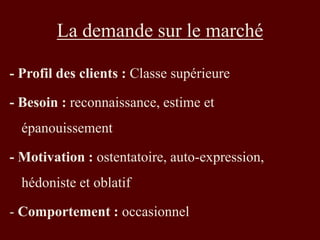 La demande sur le marché 
- Profil des clients : Classe supérieure 
- Besoin : reconnaissance, estime et 
épanouissement 
- Motivation : ostentatoire, auto-expression, 
hédoniste et oblatif 
- Comportement : occasionnel 
 
