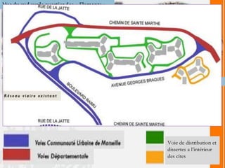 Vue du sud sur le quartier des « Flamants »
La situation existante (avant intervention)
Voie de distribution et
dissertes a l’intérieur
des cites
 