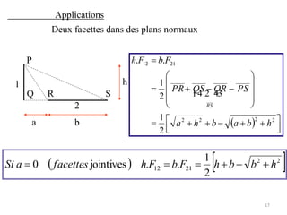 Applications
1
2
P
Q R S
h
a b
Deux facettes dans des plans normaux
  


 












2222
____________________
2112
2
1
2
1
..
___
hbabha
PSQRQSPR
FbFh
RS
 
   22
2112
2
1
..jointives0 hbbhFbFhfacettesaSi 
17
 