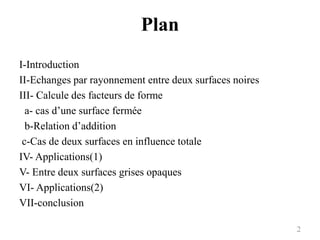 Plan
I-Introduction
II-Echanges par rayonnement entre deux surfaces noires
III- Calcule des facteurs de forme
a- cas d’une surface fermée
b-Relation d’addition
c-Cas de deux surfaces en influence totale
IV- Applications(1)
V- Entre deux surfaces grises opaques
VI- Applications(2)
VII-conclusion
2
 